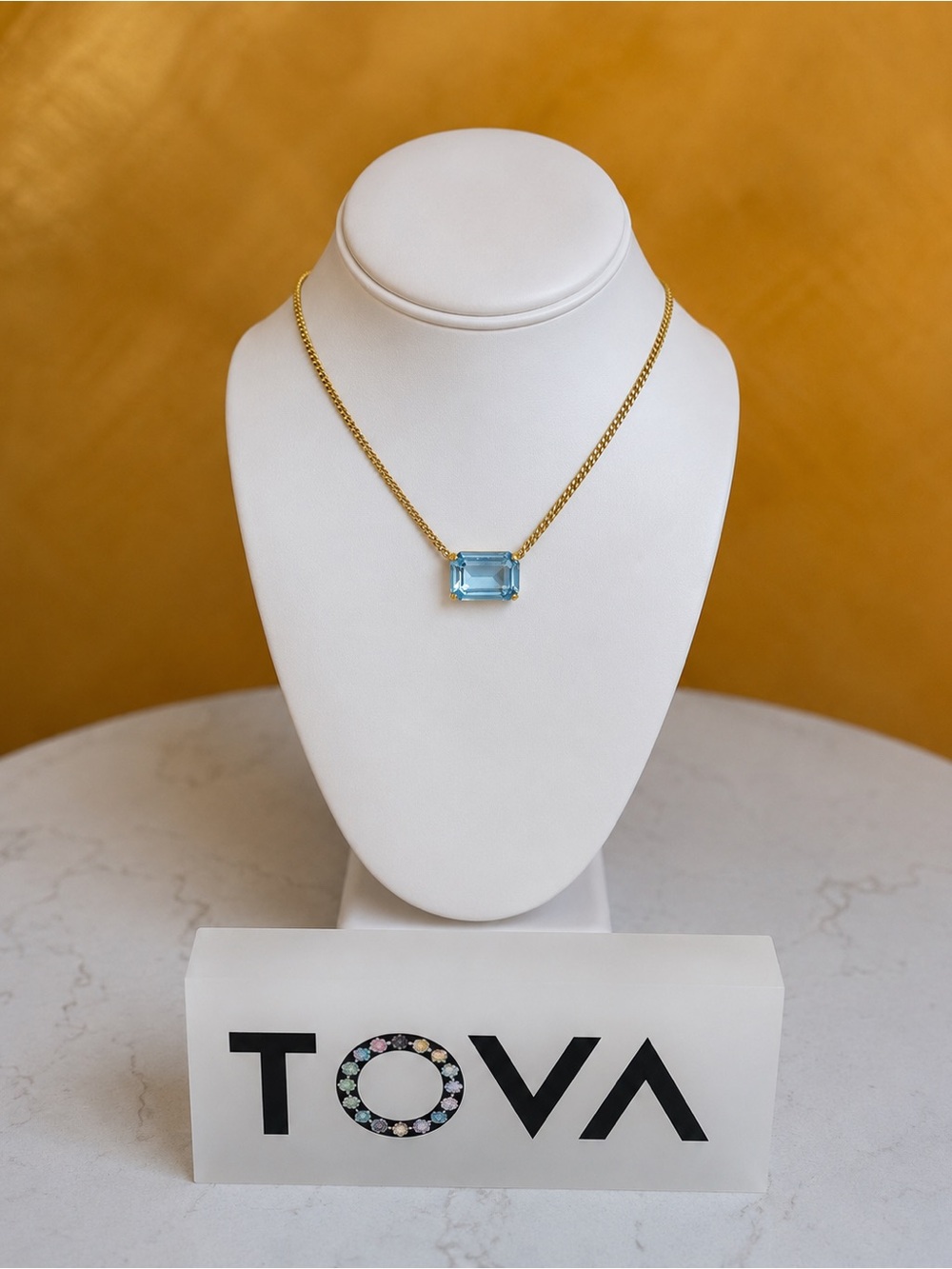 TOVA Rubin Gold Necklace with Aquamarine Blue Emerald-Cut Pendant